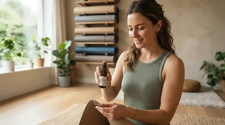 A yoga practitioner holding a travel size body spray for gym bag inside a peaceful studio space.