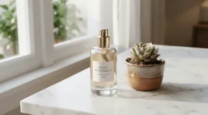 A sleek minimalist bottle of unisex everyday perfume resting on a modern marble bathroom vanity next to a small green plant.