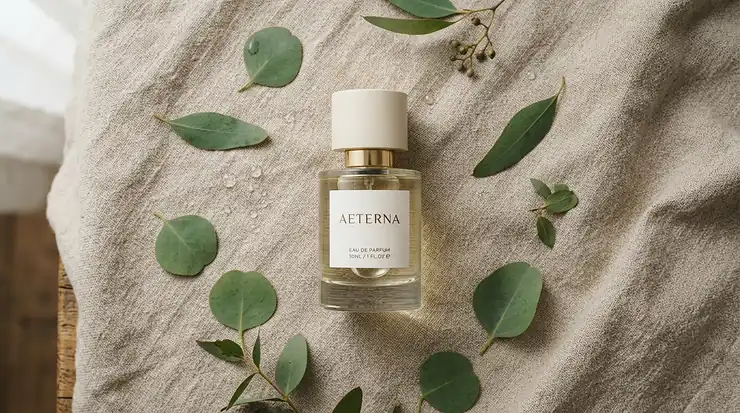 A minimalist bottle of unisex everyday perfume styled in a flat lay with linen fabric and fresh botanicals.