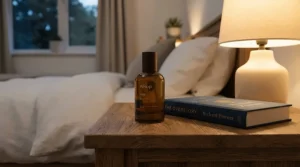 A bottle of unisex everyday perfume placed neatly on a wooden nightstand next to a hardcover book and reading lamp.