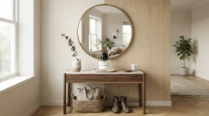 Two distinct outfits hanging in a hallway with a bottle of unisex everyday perfume on the entryway table for quick daily use.