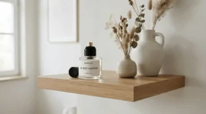 A stylish glass bottle of unisex everyday perfume displayed on a floating wooden shelf alongside ceramic decor items.