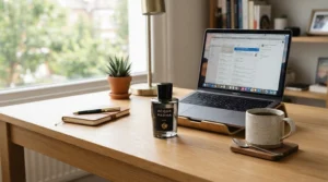 A bottle of unisex everyday perfume kept on a clean home office desk next to a laptop and a ceramic mug.