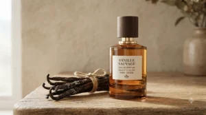 A cozy warm vanilla everyday perfume for women bottle sitting beside fragrant vanilla bean pods.
