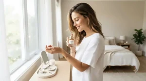 A woman applying an everyday perfume for women to her wrist in a sunlit bedroom.